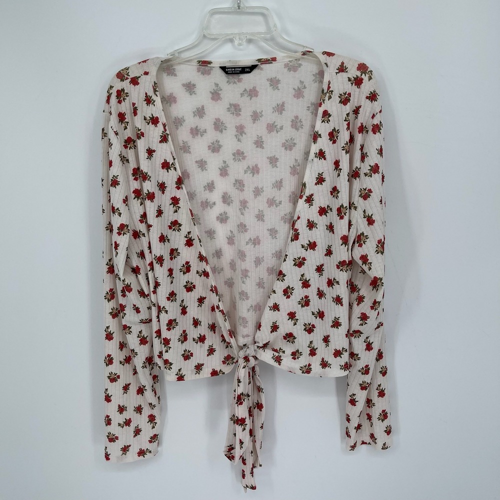 SHEIN Curve Women's White Floral Tie Front Ribbed Knit Cardigan‎ Top Size 2XL